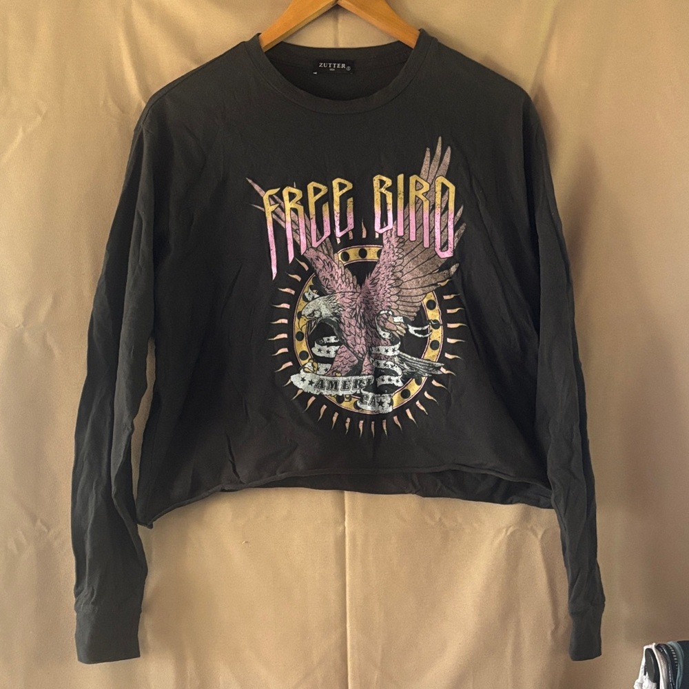 Free Bird Black Long Sleeve Tee with Pink Graphic